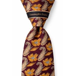 Ermenegildo Zegna Tie‎ Mens Silk Maroon Yellow Paisley Formal Designer